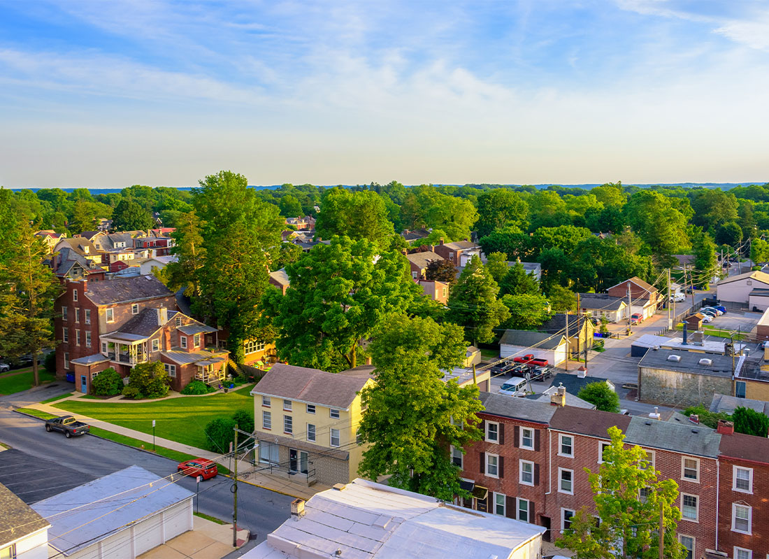 Shillington, PA - Aerial View of Suburban Houses and Sunset Sky in West Chester, Pennsylvania